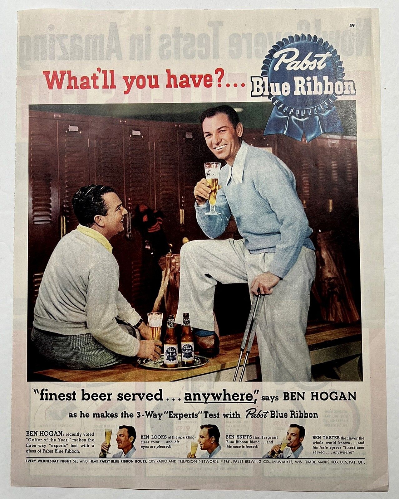 BEN HOGAN PORTRAIT 1951 * PABST BLUE RIBBON BEER LOCKER ROOM ADVERTISEMENT GOLF