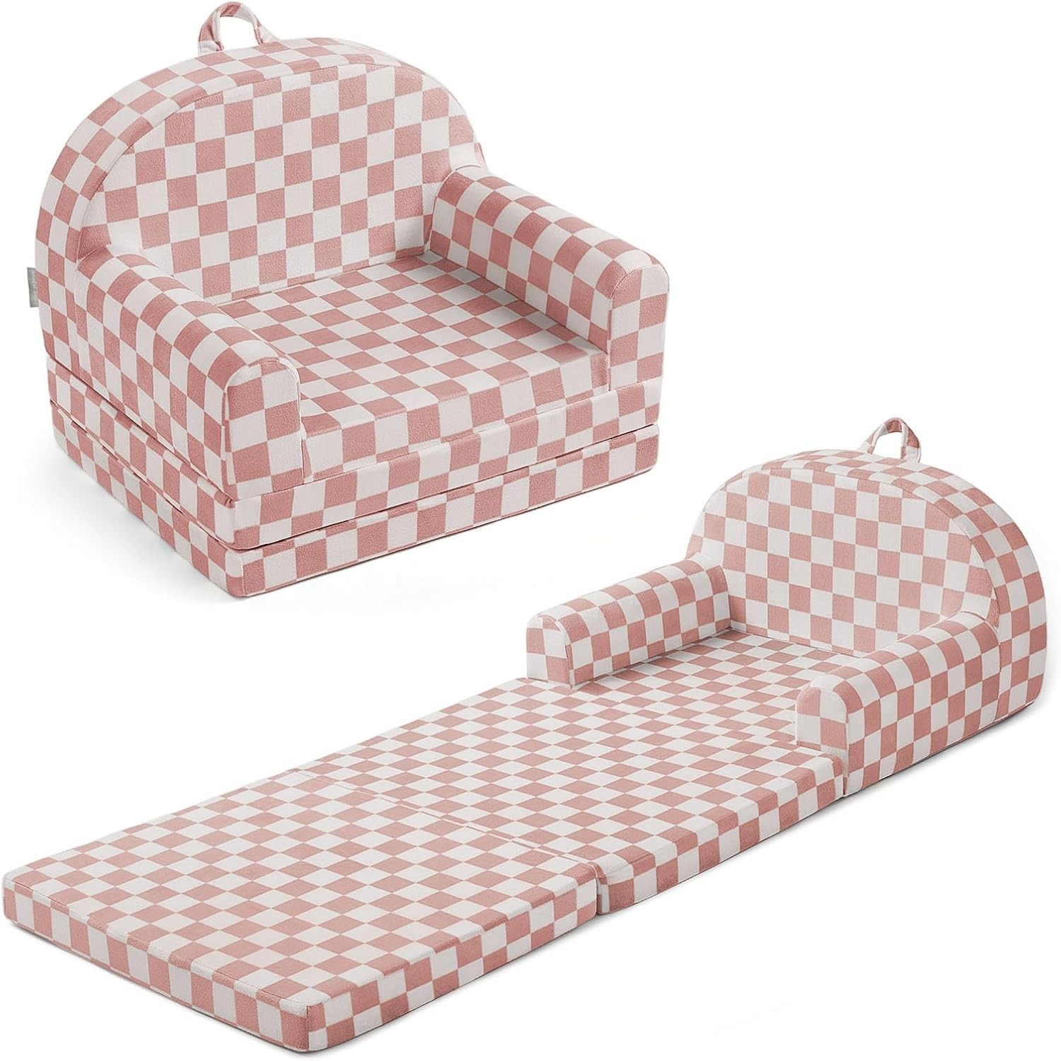 Foldable Toddler Couch, 2-in-1 Comfy Toddler Chair & Lounger Blush Checkered