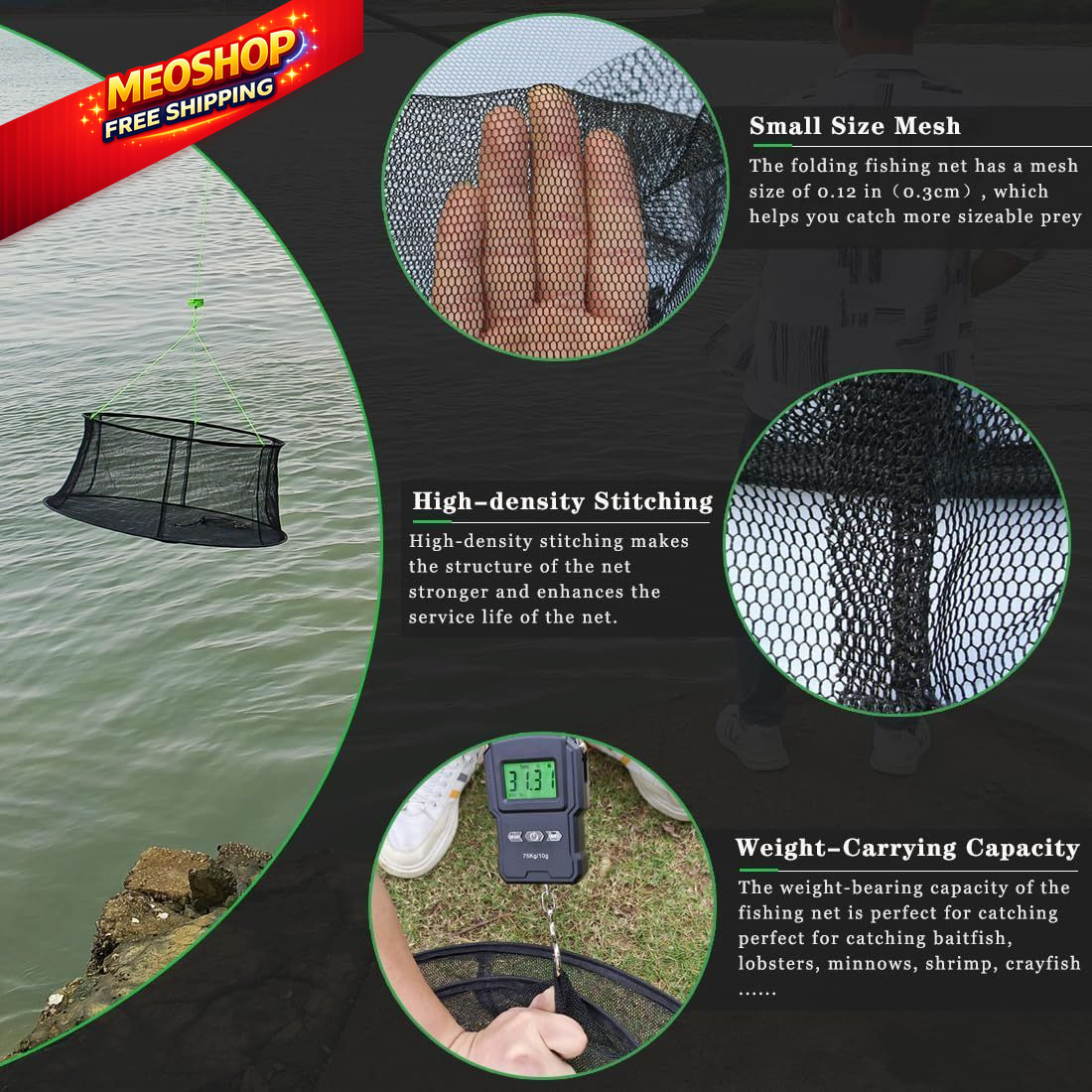Drasry Fishing Net Trap for Bait Minnow Shrimp Crayfish 33.5 x 39.4", Black