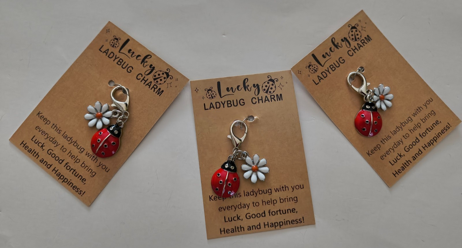 "Lucky" LADYBUG + DAISY CHARM LOT OF 3 Latch on Good Fortune Health Happy NEW
