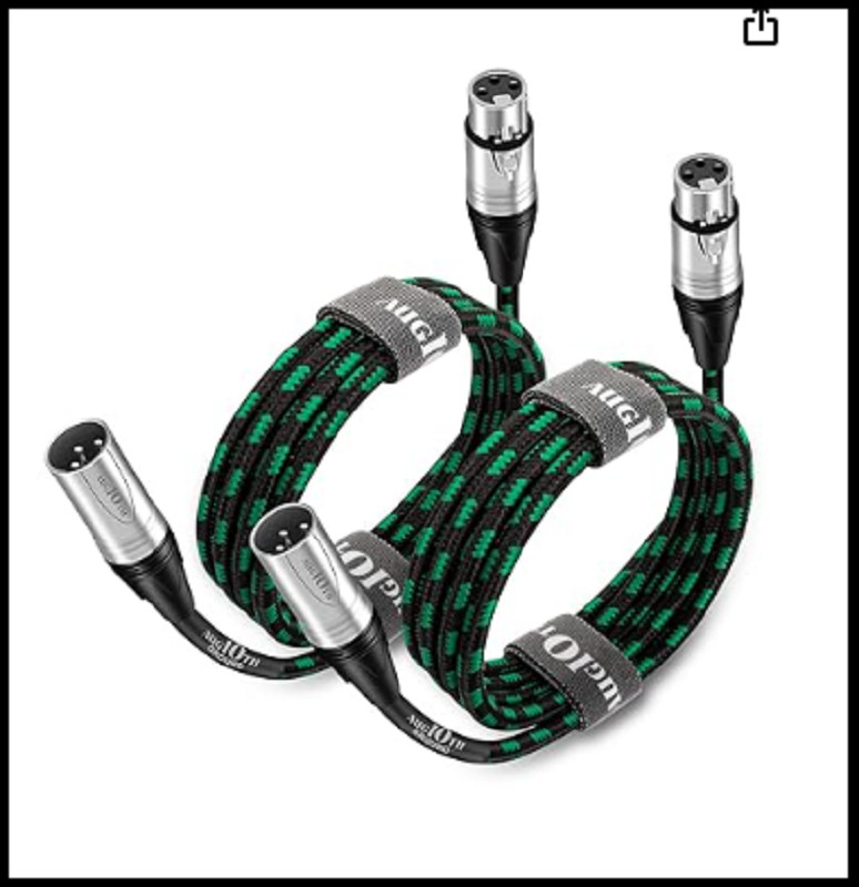 XLR to XLR Pro Mic Cable 10 Ft 2-Pack Male to Female XLR Cable 3-pin Green Ba...