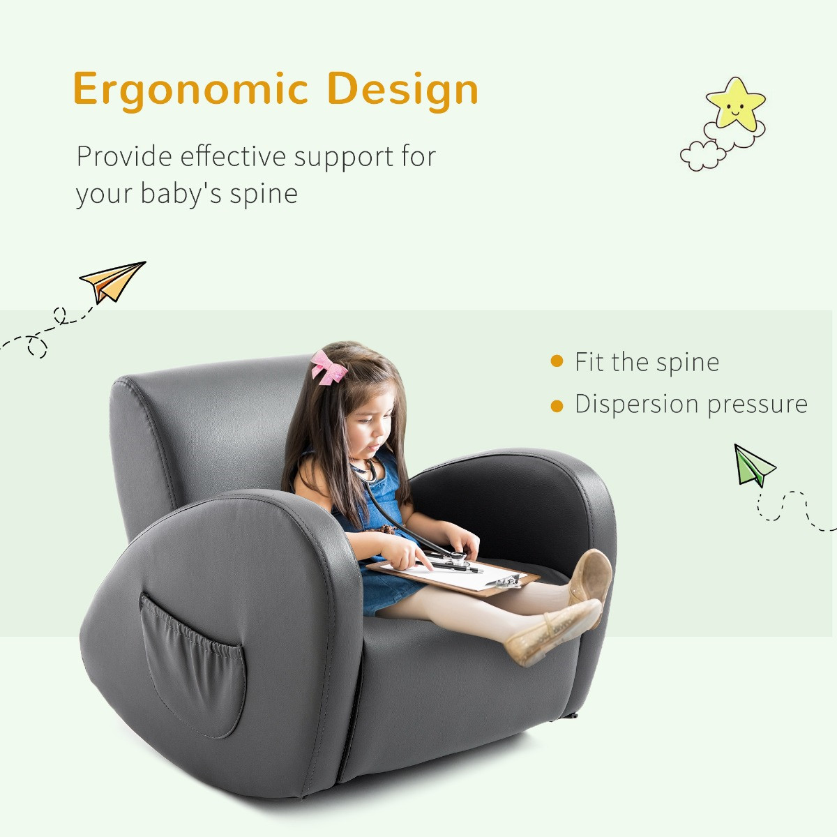 Kids Sofa Rocking Chair PU Leather Toddler Armchair w/ Side Pocket for Children
