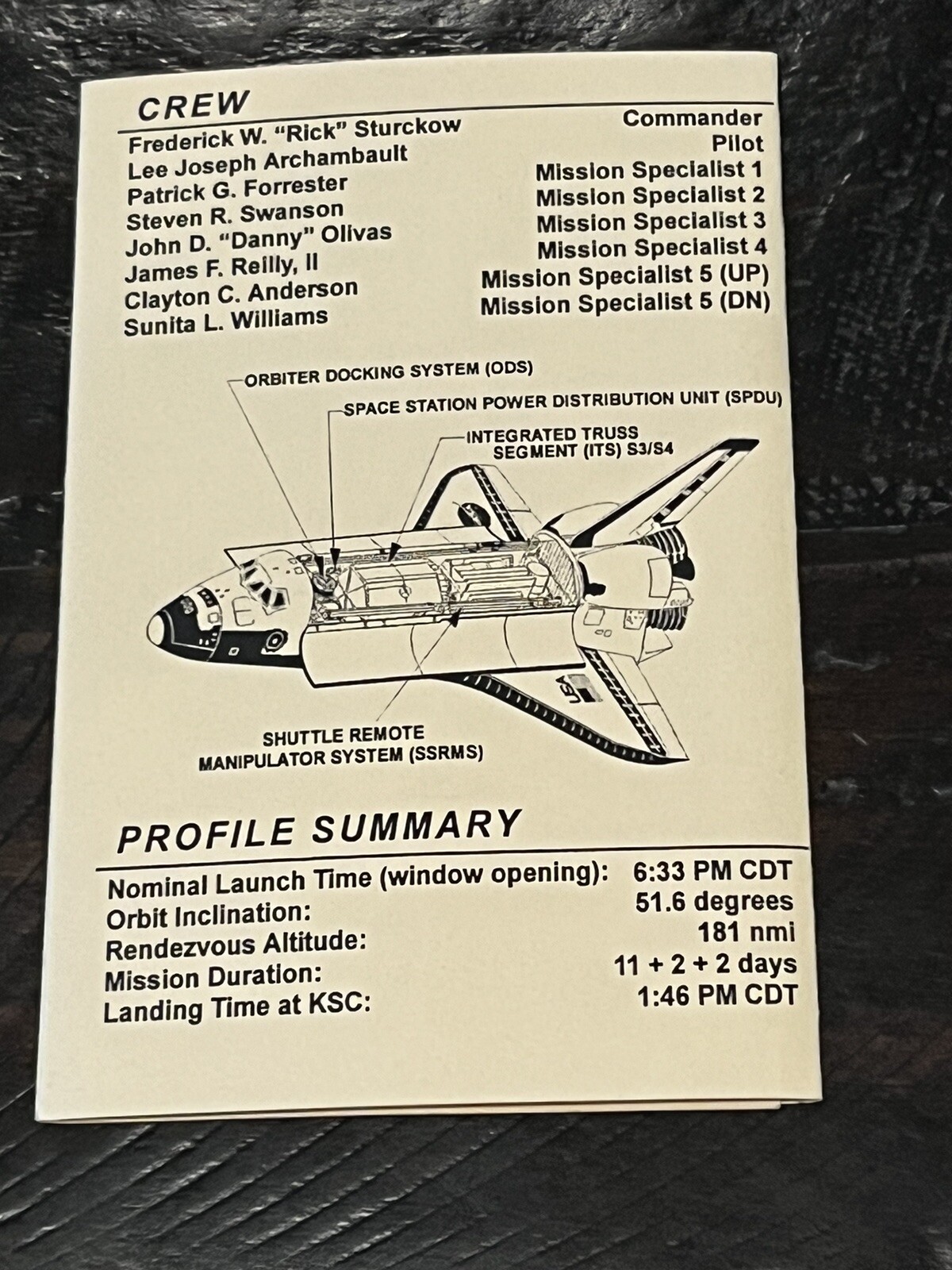 NASA STS-117 OV-105 Space Shuttle Atlantis June 2007 Timeline & Crew Data