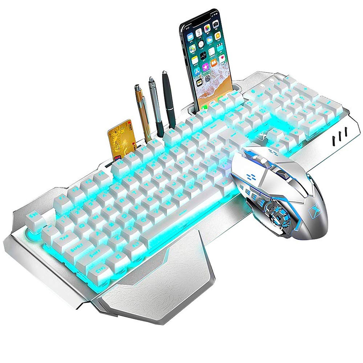 Wireless Keyboard and Mouse, Blue LED Backlit Rechargeable Keyboard with 3800...