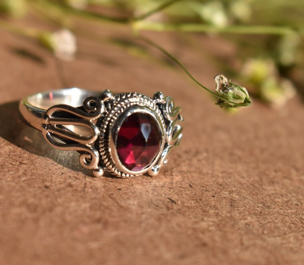 Red Garnet Handmade Ring 925 Sterling Silver Boho Design
