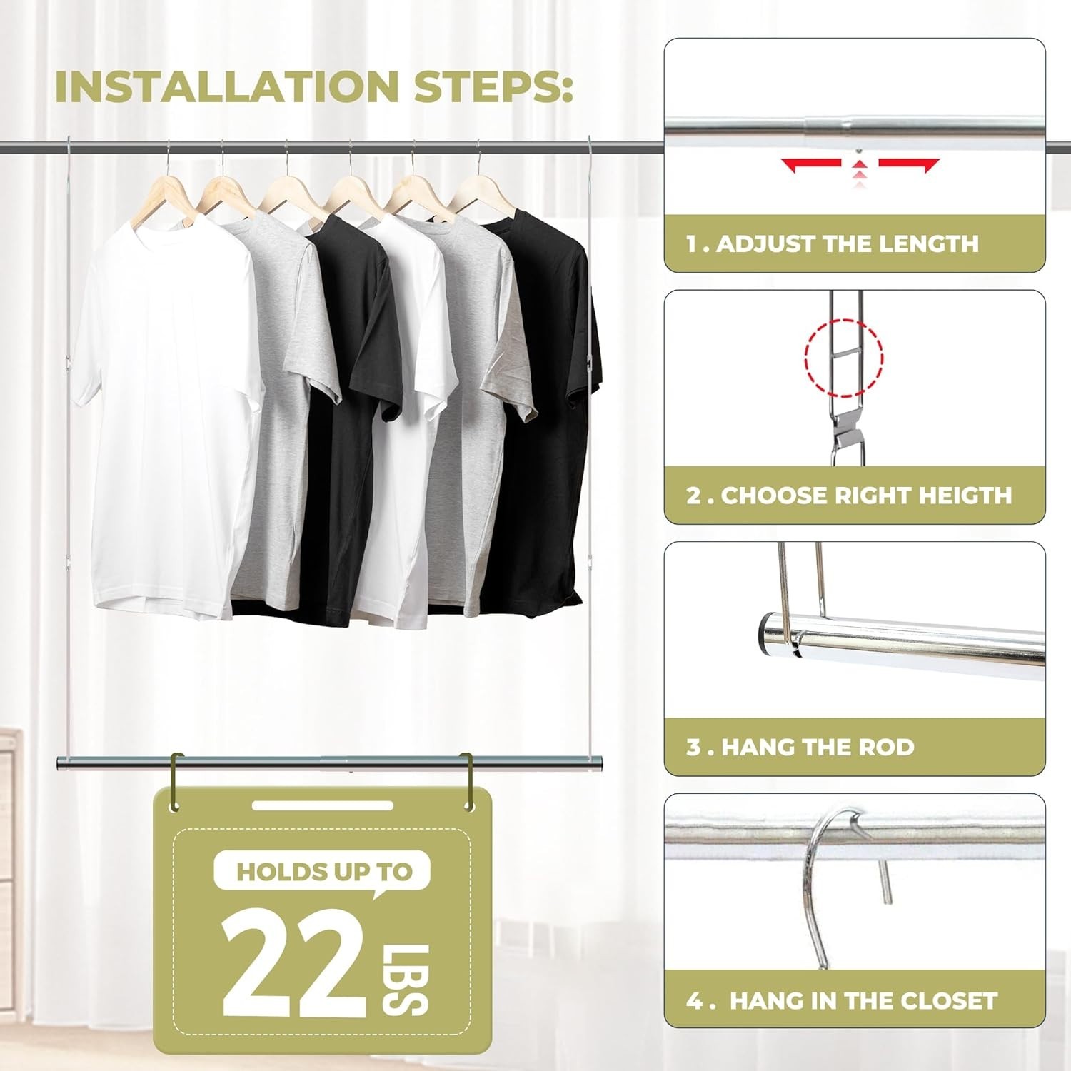 Effortless Setup Chrome Hanging Rod, Adjustable Width & Height, 22 lbs Support