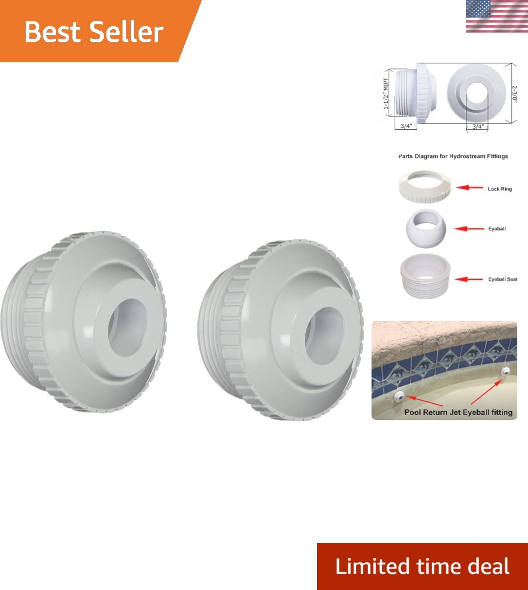 2-Pack Hydrostream Return Jets with Adjustable Eyeball for Pools & Spas