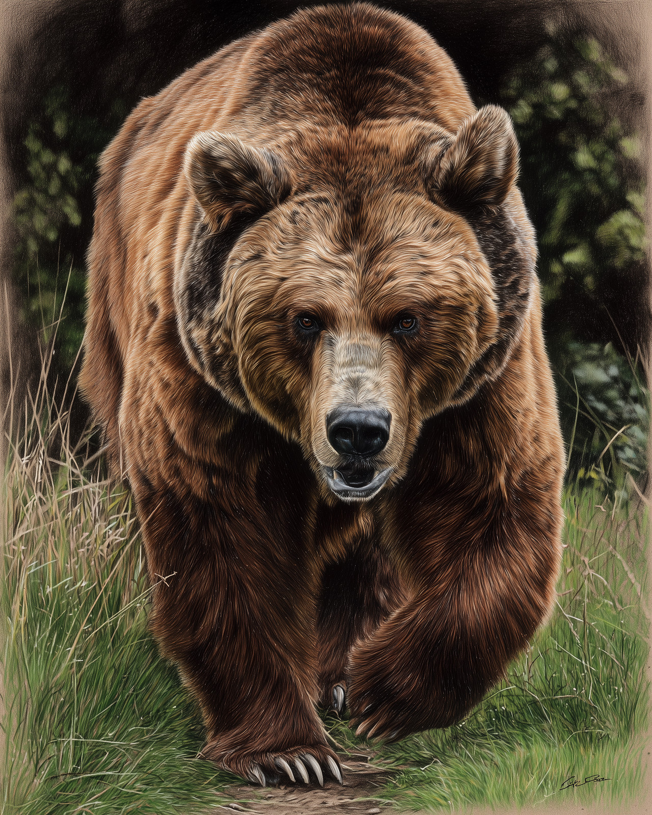8x10 Grizzly bear walking forward through tall grass forest edge - 792893135