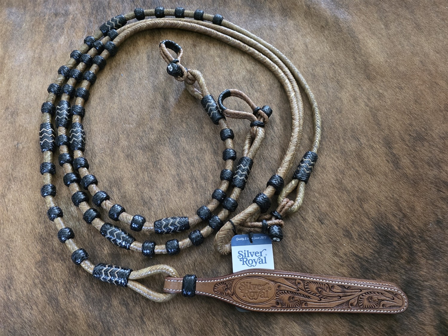 Rawhide Braided Romel Reins - 30 Plait - Brown-Black Rawhide with Leather Popper