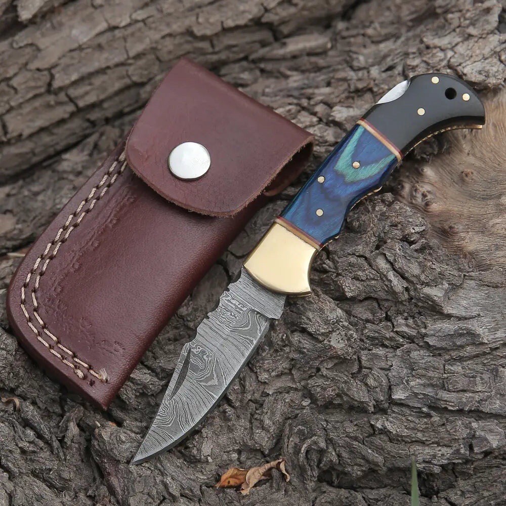 Handmade Damascus Steel Folding Blade Pocket Knife Skinning Hunting Camping