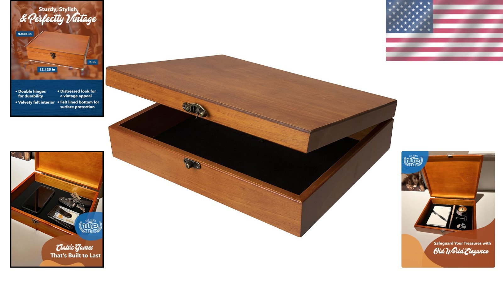 Rustic Wooden Box with Velvet Lining - Classic Design