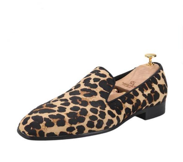 Men's Fashion British Round Toe Leopard Slip On Loafers Youth Party Dress Shoes
