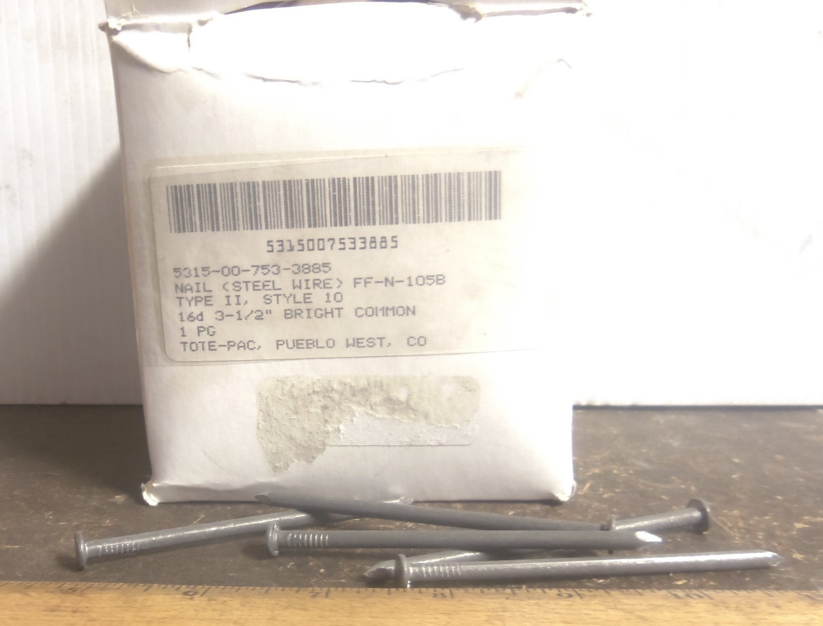 Box of Tote-Pac. - 16d, 3 1/2" Bright Common Nails - P/N: FF-N-1058 (NOS)