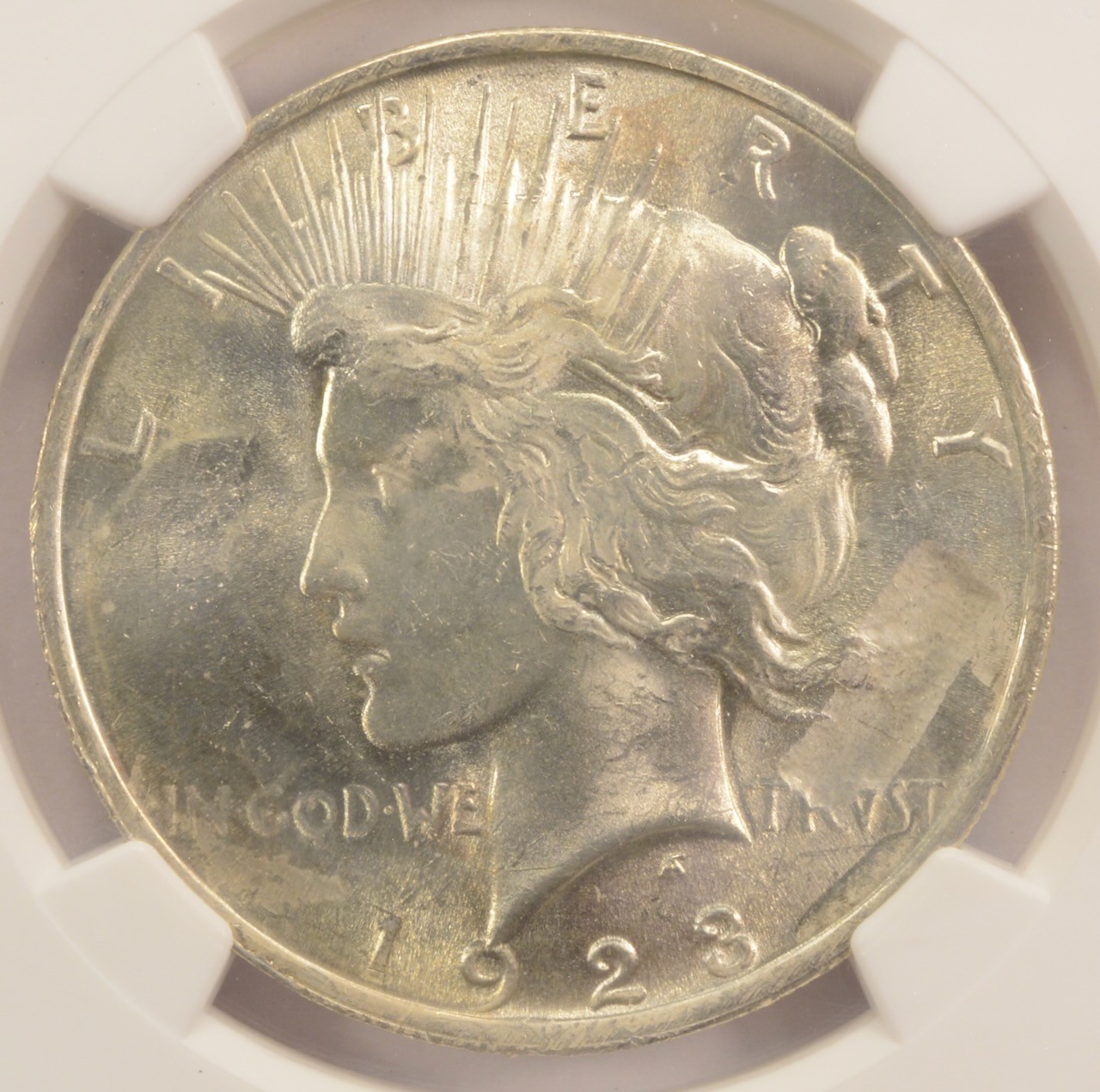 1923 $1 Peace Dollar Obverse Struck Thru NGC MS63