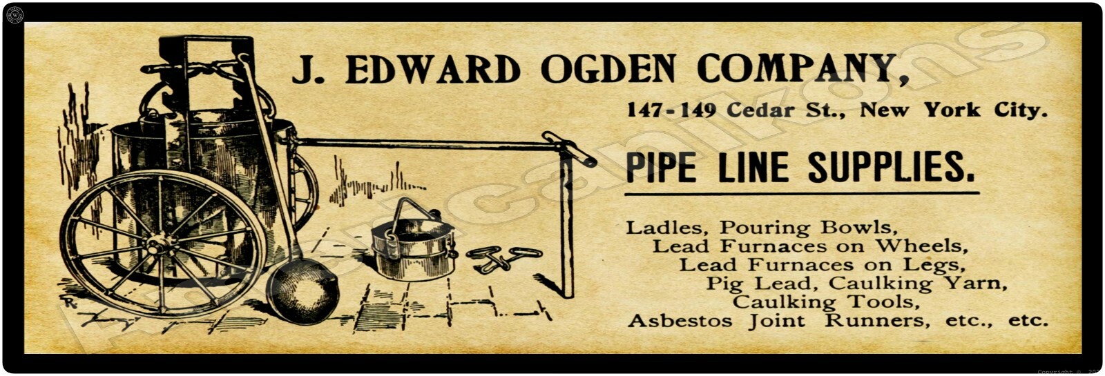 1901 J. Edward Ogden Co. New Metal Sign: Oil Pipeline Equip., New York - 6 x 18"