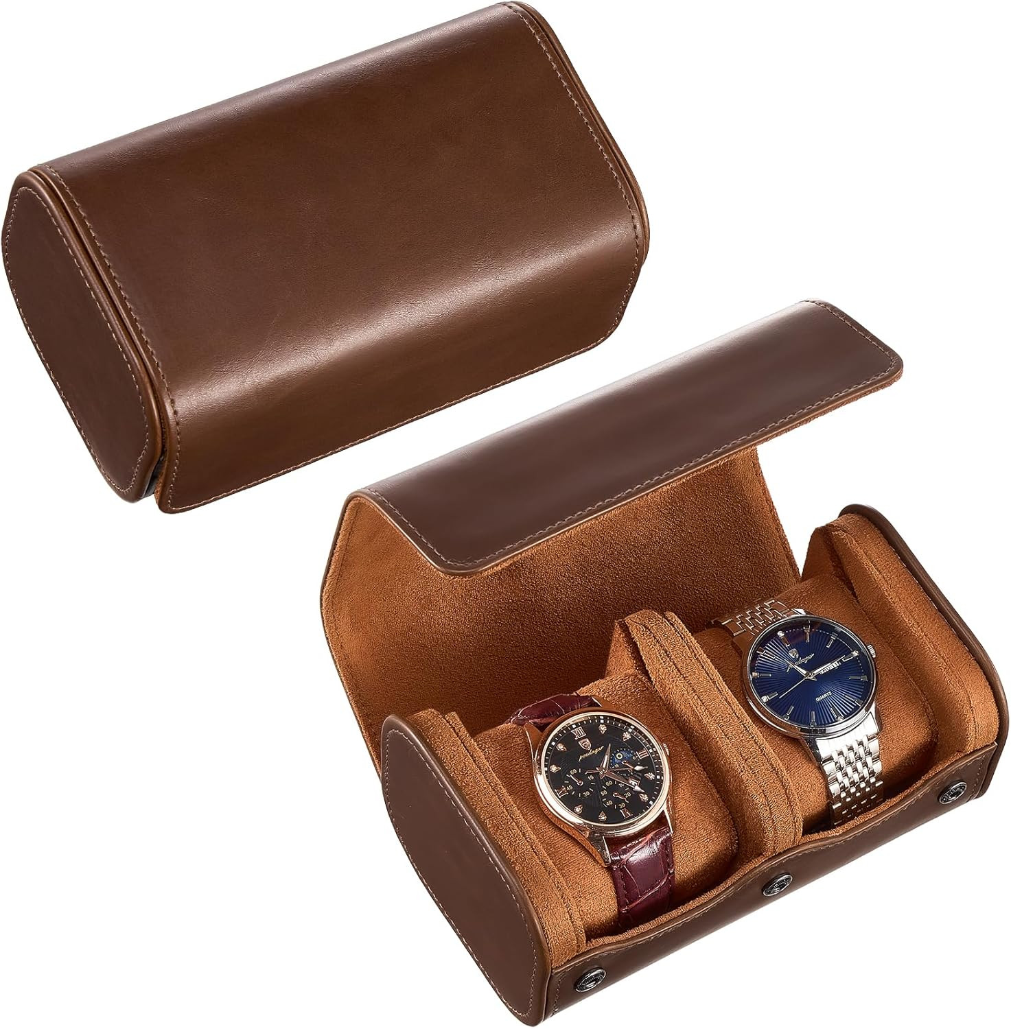 Watch Travel Case, 2 Slot PU Leather Watch Roll Box for Men, Brown | Portable Wa