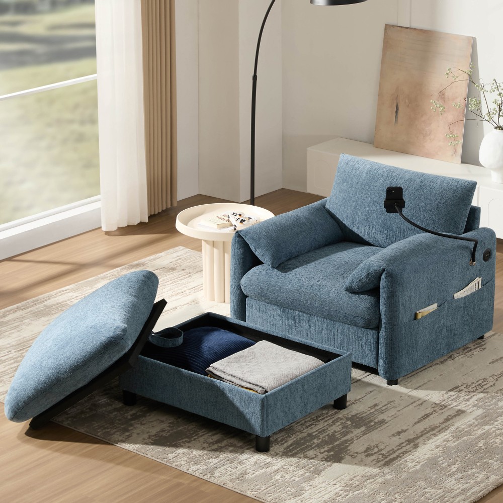 37" Cloud Chaise Sofa w/ Storage Ottoman, Charger & Phone Holder, Blue