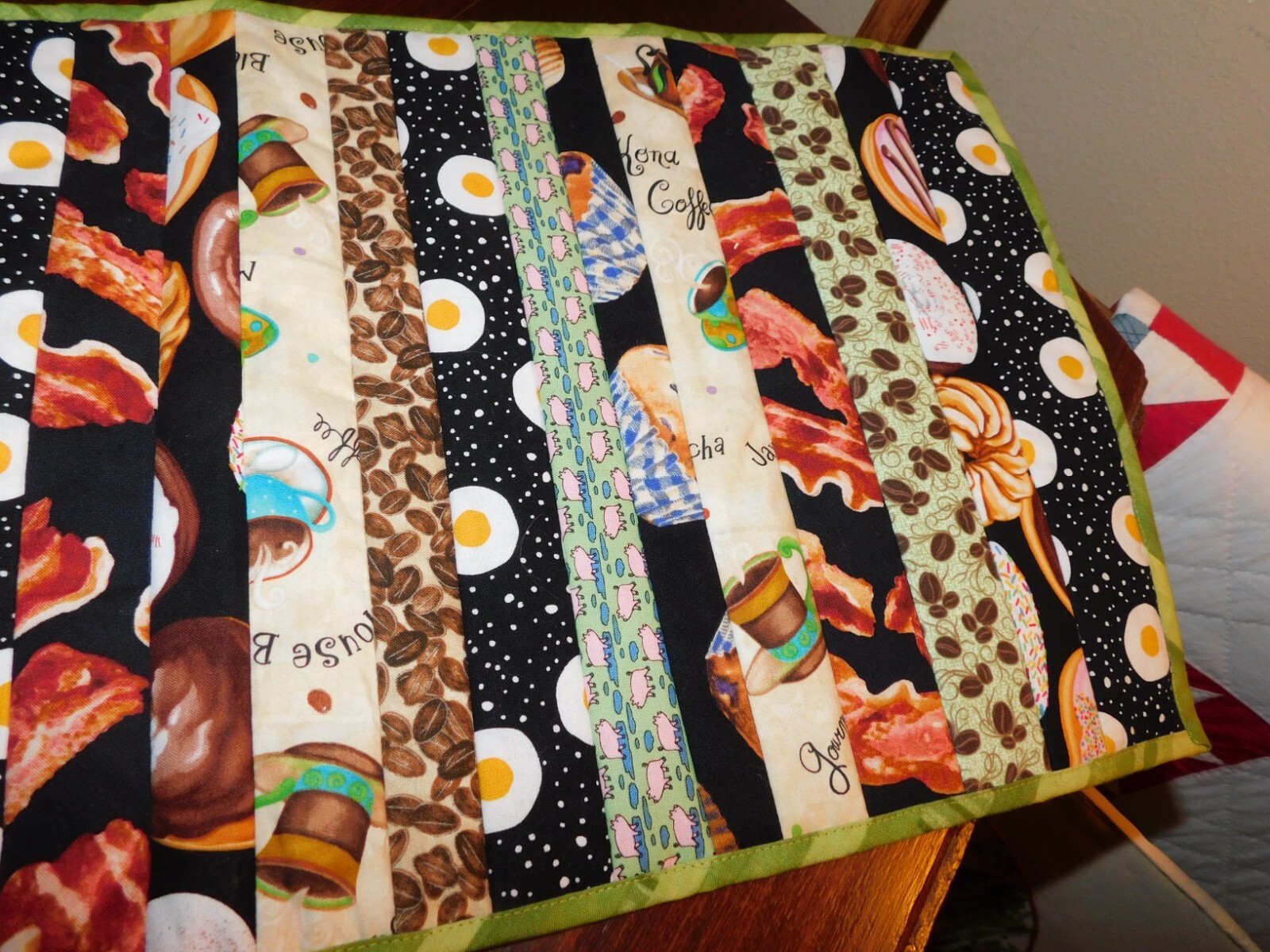 Breakfast Handmade Quilt Panel Table Runner Pieced Strips Coffee Eggs Bacon
