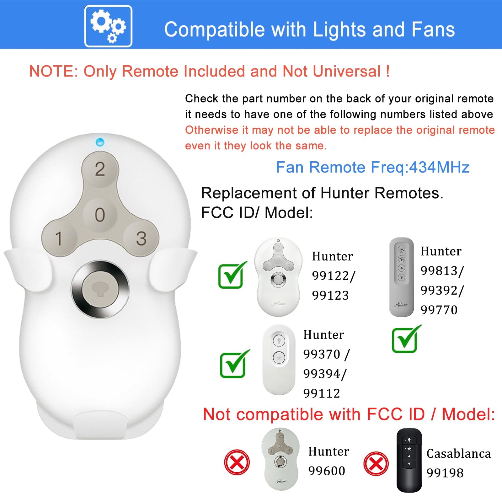 Replacement Remote for Hunter Ceiling Fan Remote Control 99122/99123, 3-Speed...