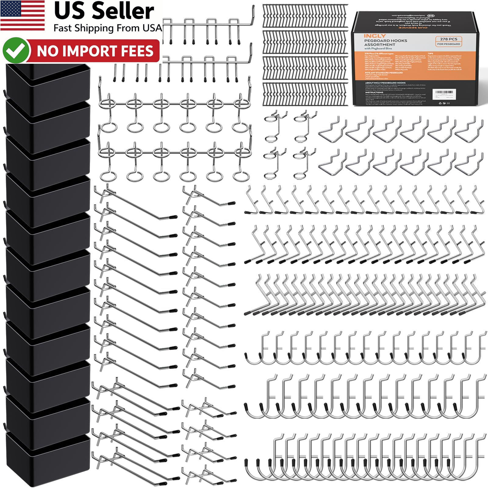 INCLY 278Pcs Pegboard Accessories Organizer Kit Hooks Bins For Garage FROM USA