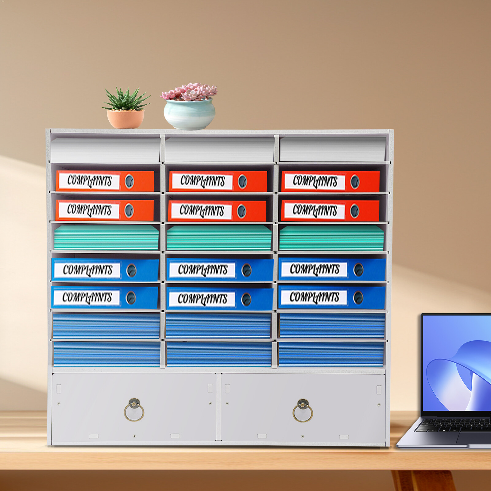 24 Compartments Paper and Mail Organizer Storage Cabinet and 2 Drawers