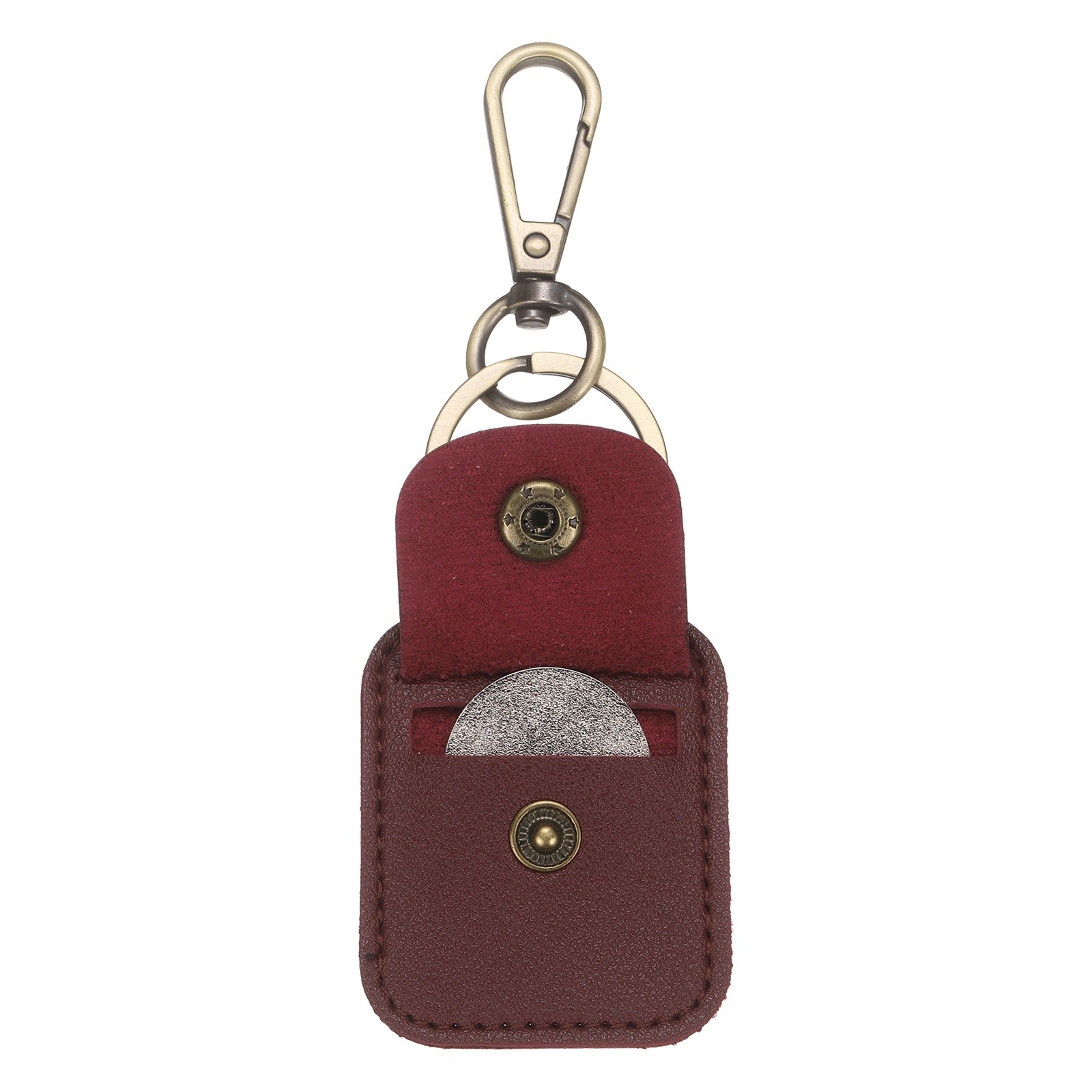 Quarter Leather Keychain, Coin Case with PU Ring, Wine Red