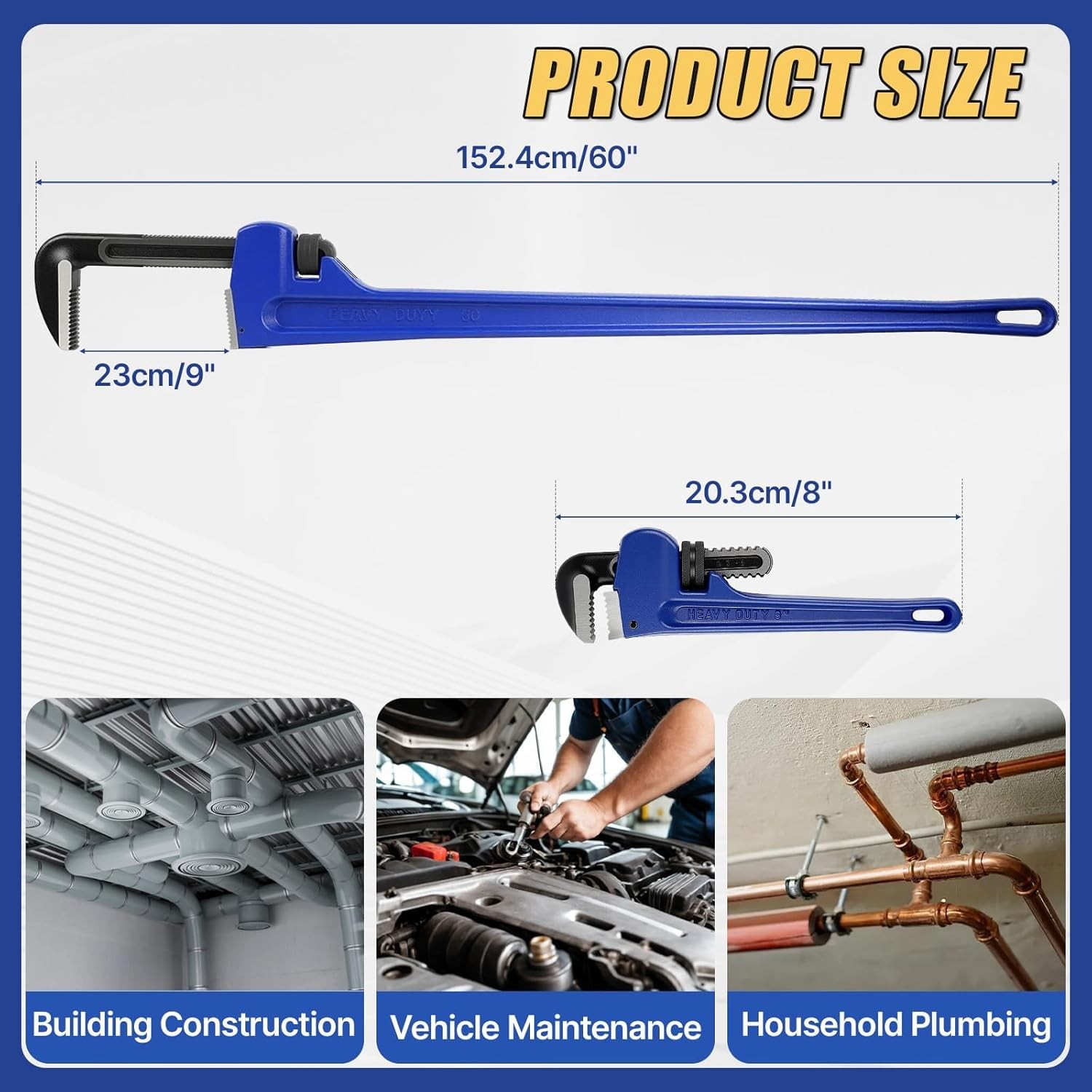 60 Inch Pipe Wrench, Jaw Opening Max 9", Adjustable Plumber Tool , Blue
