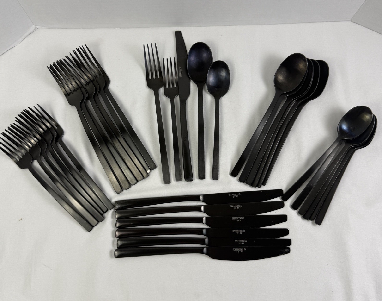 35 Piece Cambridge Cecil Black Satin Flatware Silverware Service For 7 Titanium