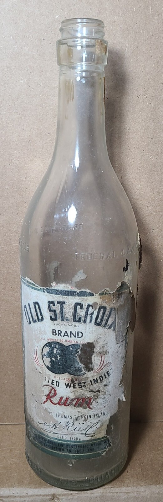 ANTIQUE ST. CROIX V.I. SUGAR CANE INDUSTRIES 4/5 QUART RUM WHISKEY BOTTLE