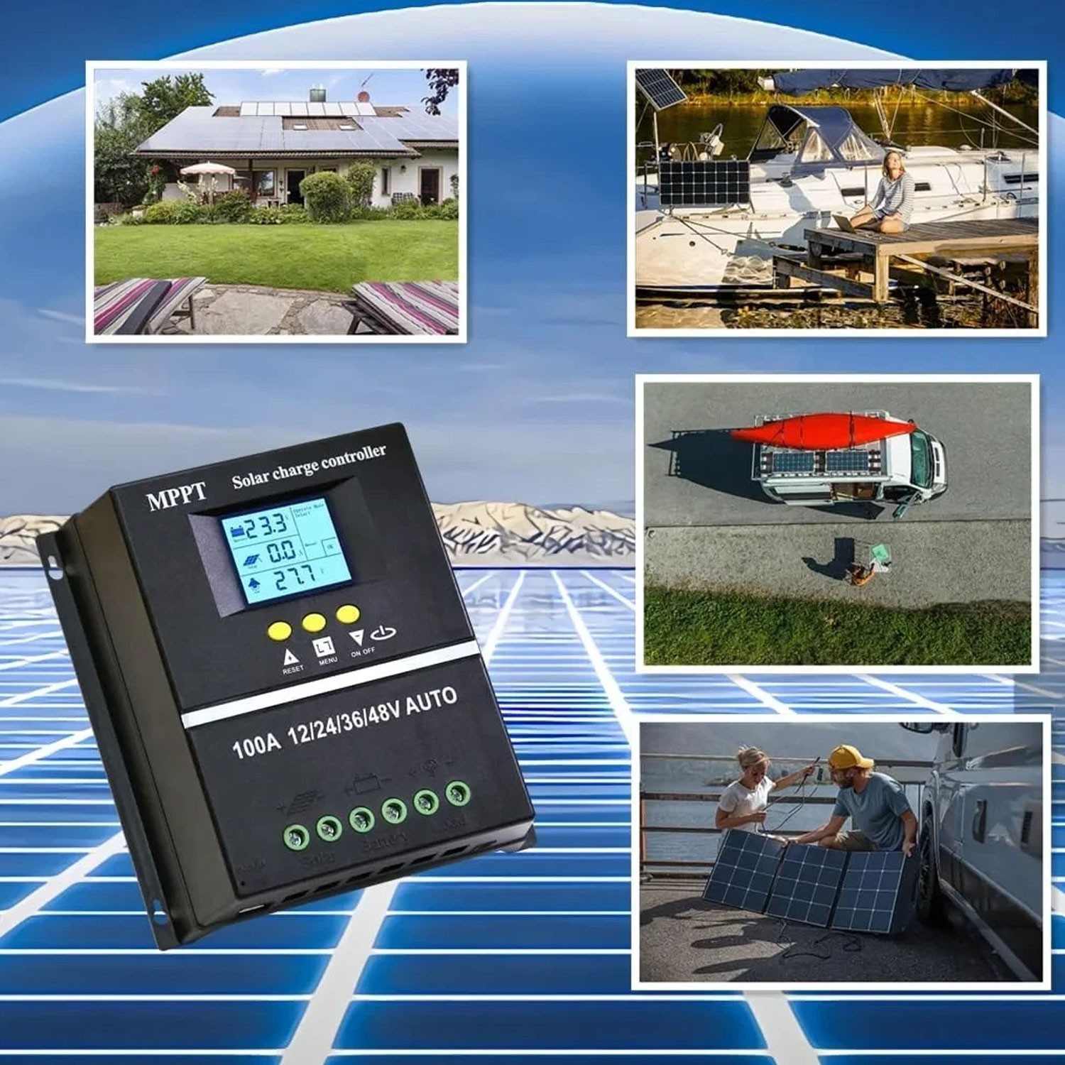 MPPT 12V/24V/36V/48V Solar Charge Controller Tools 100A LCD Dual USB
