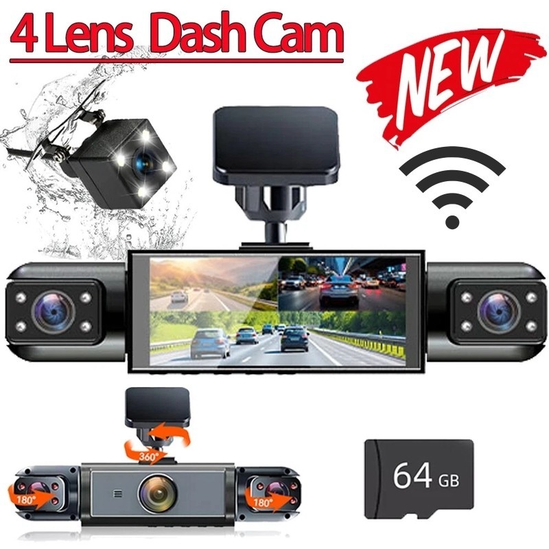 Dash Cam 4-Channel 360° Front Rear Inside DashCam 1080P Car Camera WIFI G-Sensor