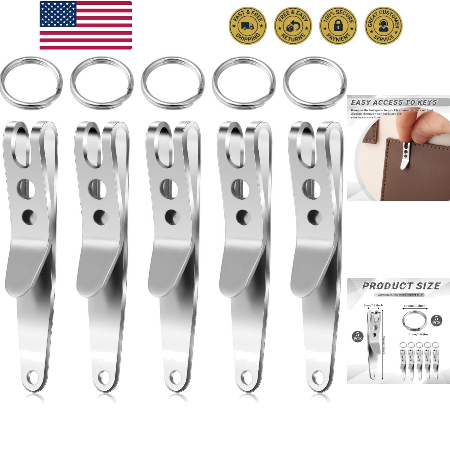 5 Pack Deep Carry Pocket Clip with Keychain, Heavy Duty Stainless Steel Belt ...