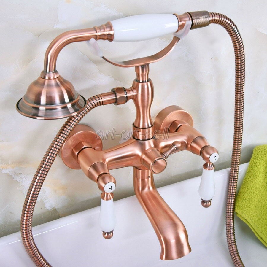 Red Copper Wall Mount Bathroom Clawfoot Bath Tub Faucet Filler w/ Hand Shower