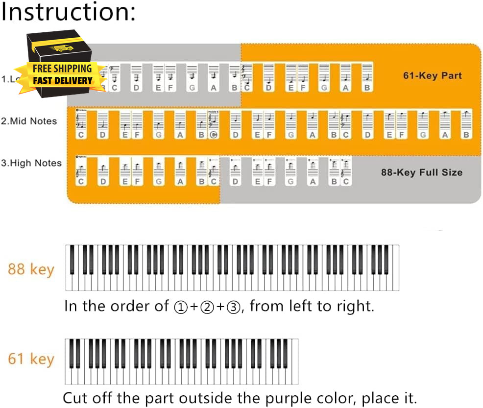Piano Notes Guide for Beginners, Removable 88/61 Key Silicone Keyboard Strips |