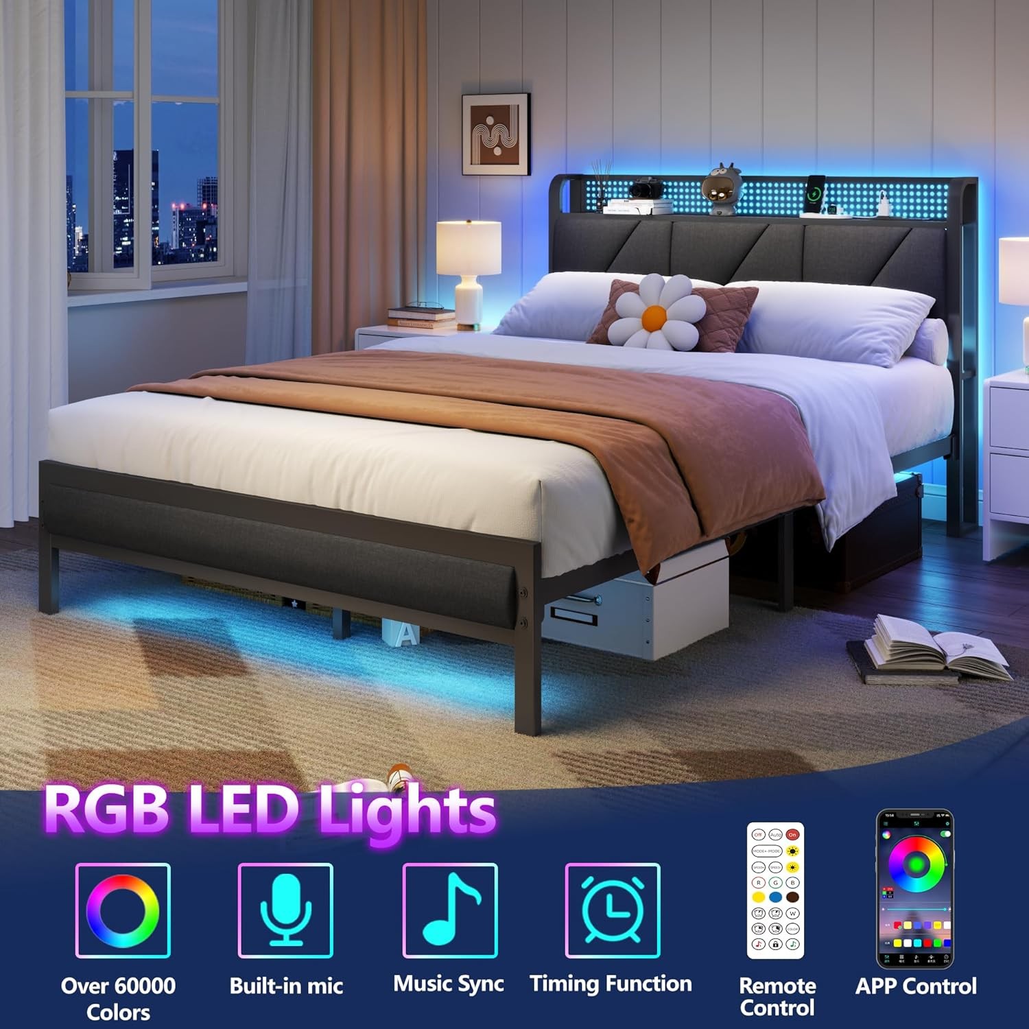 Full Size Bed Fre with Headboard and Stora Shelf, LED Light