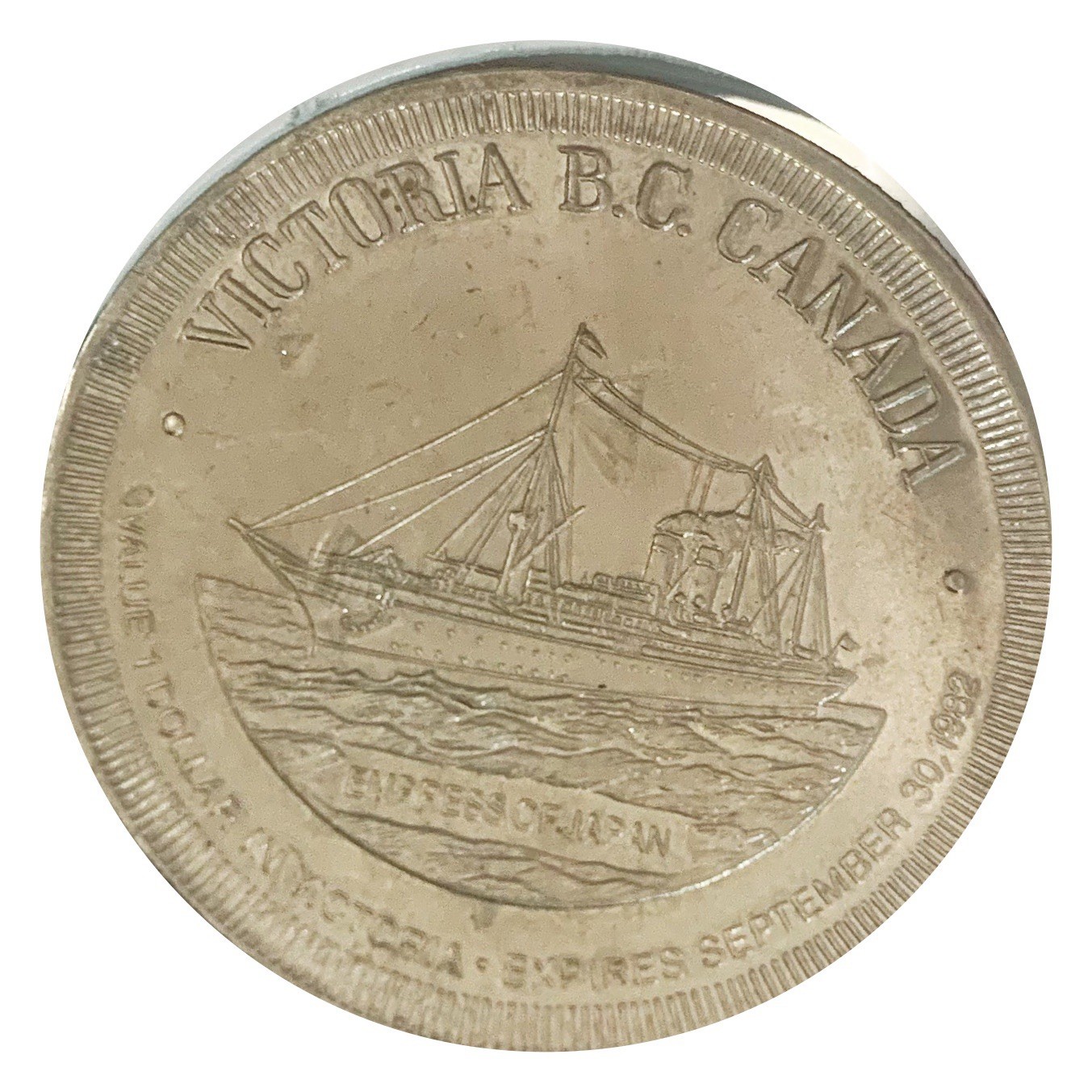 1982 Victoria B.C.Canada trade dollar city of gardens Empress of Japan ship CL85