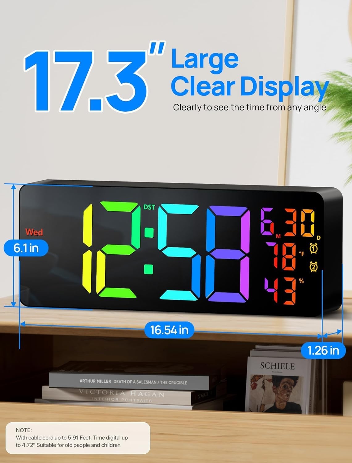 17.3" Large Digital Wall Mount Clock, Digital Clock with Remote Control, Alar...