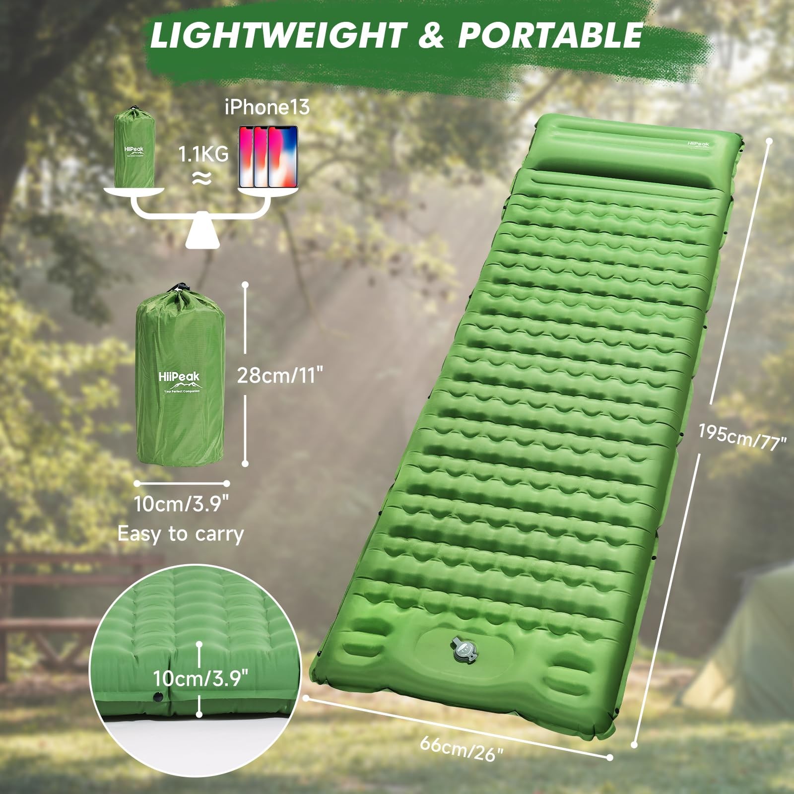 HiiPeak Sleeping Pad for Camping- Ultralight Inflatable Single, Green