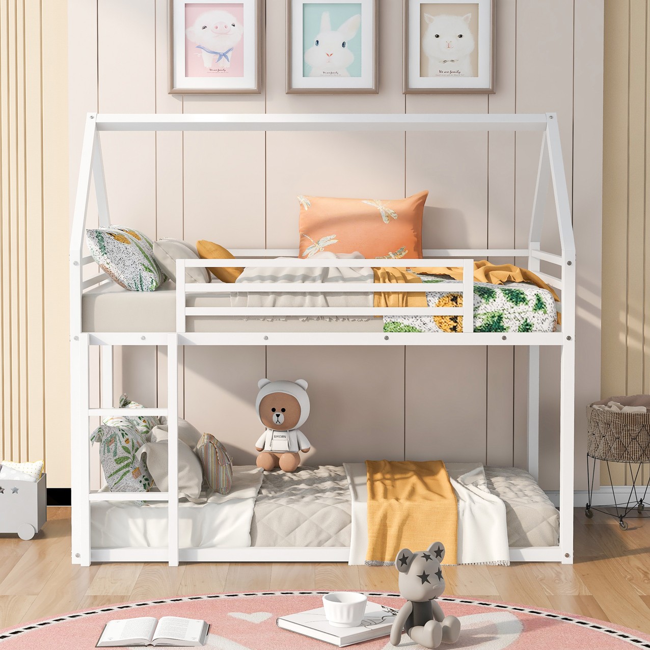 Twin over Twin House Bunk Bed with Built-in Ladder White