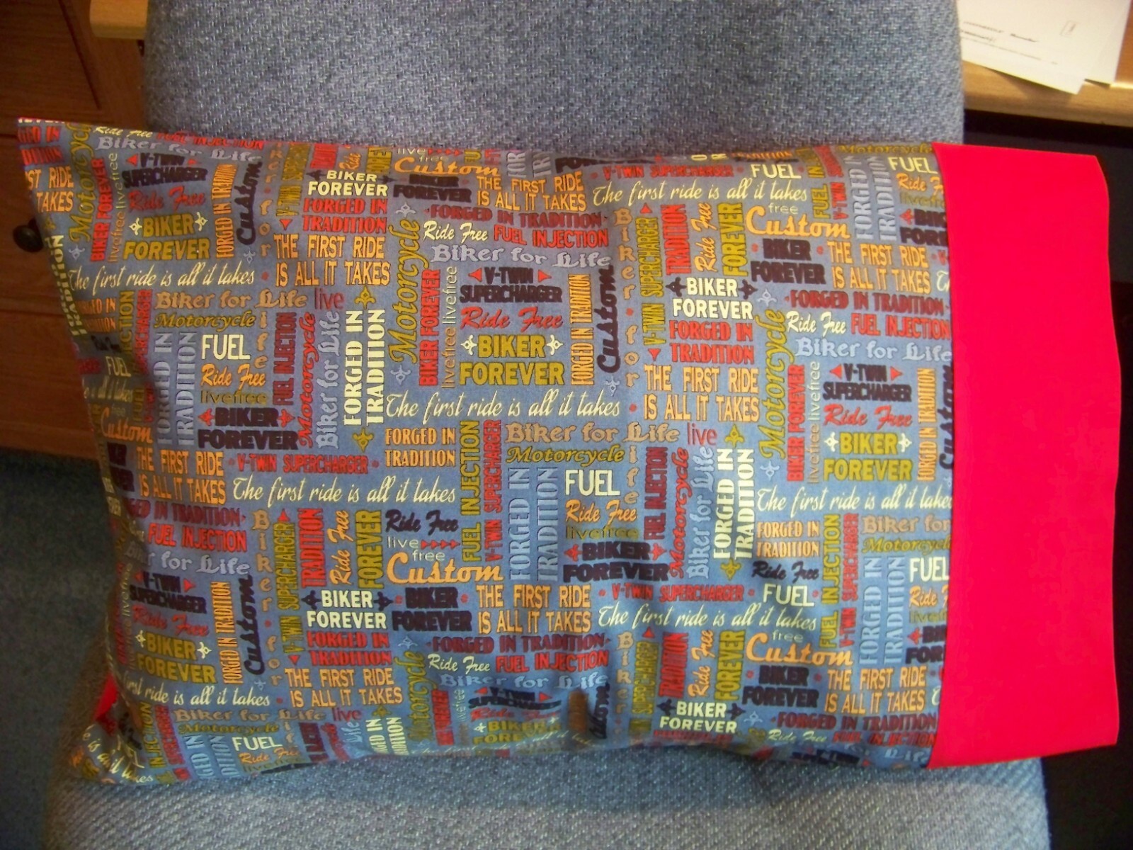 TRAVEL SIZE PILLOWCASE 2 SIDED BIKER FOREVER -RIDE FREE/RED CUFF 14" X 20" #4795
