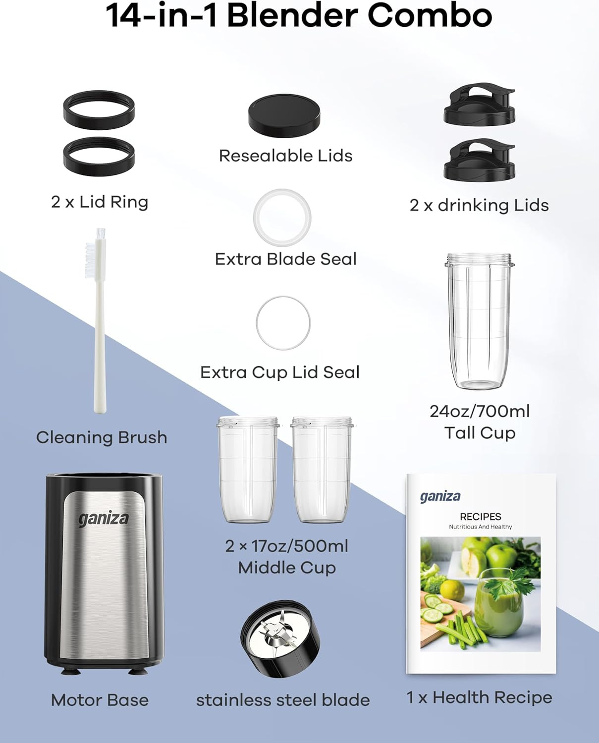 Blender for Smoothies, 14Pcs Personal Blender for Shake and Smoothies for Kitche