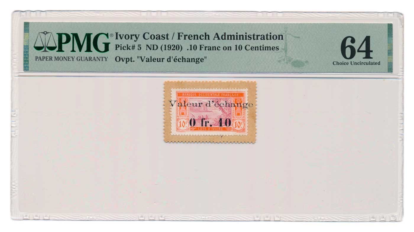 IVORY COAST banknote 0.10 Franc on 10 Centimes 1920 PMG MS 64 Choice Unc