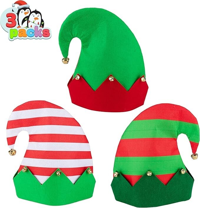 JOYIN 3 Packs Christmas Hats - Unisex Elf Hats with Jingle Bells for Kids & Adul