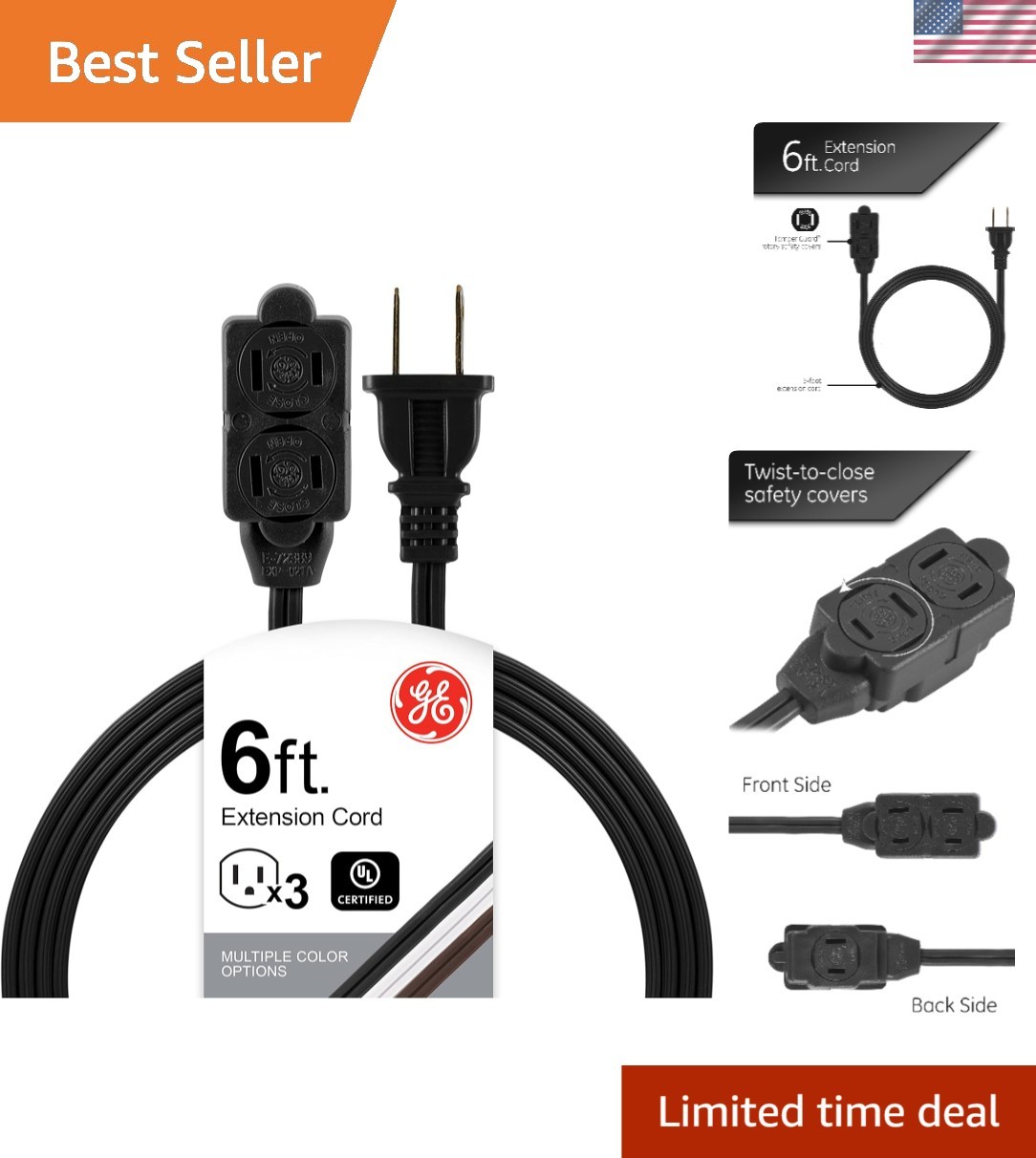 6 ft Black 3-Outlet Extension Cord with Safety Covers