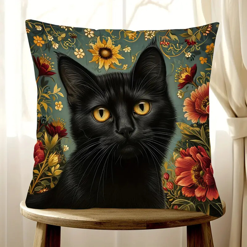 Black Flower Cat Throw Pillow Decorative Couch Pillow 18 X 18 Pillow and Case