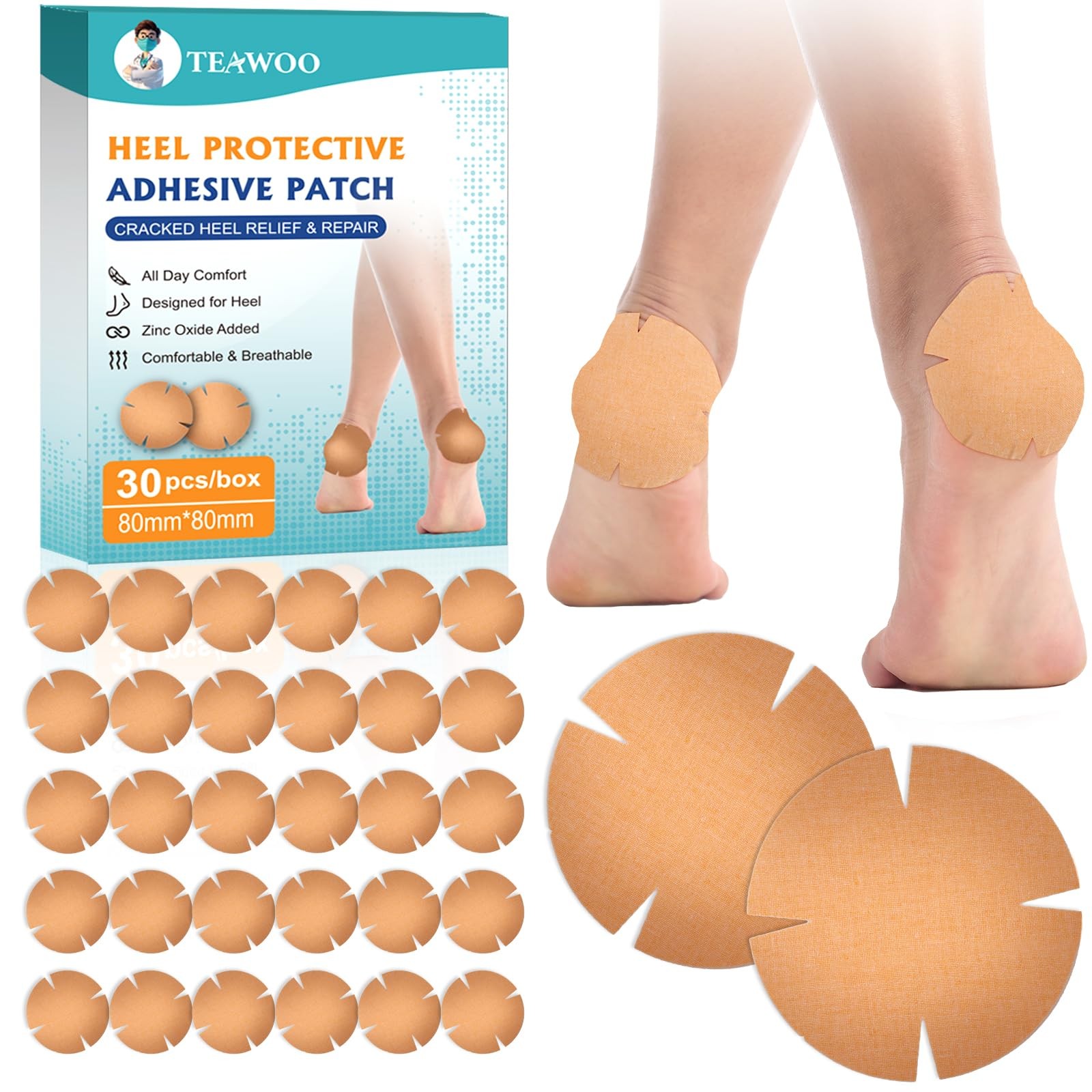 TEAWOO 30PCS Patented Cracked Heel Treatment Patches, PURE, Beige-4 Notches