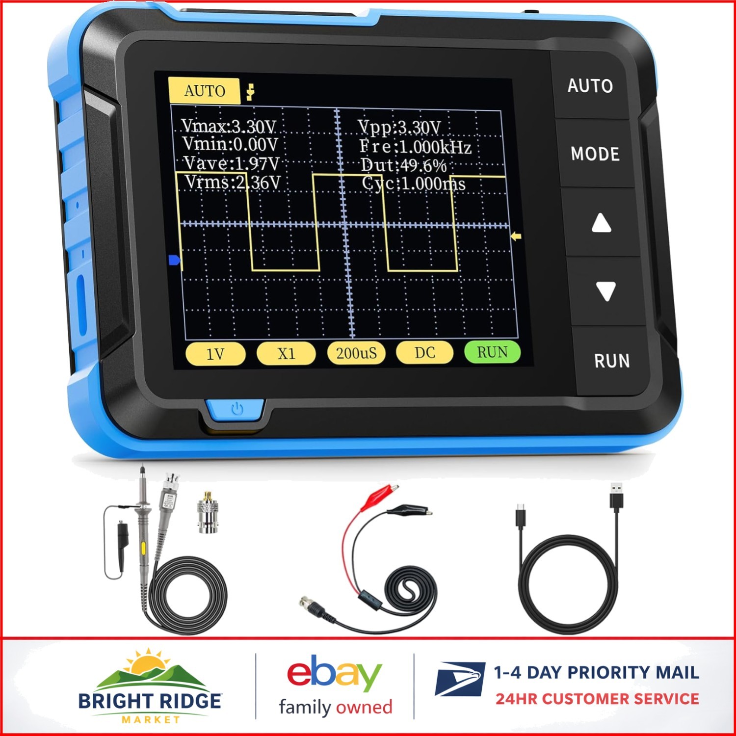 Compact Oscilloscope with 2.5MS/s Sampling Rate and 10x Probe for Measurements