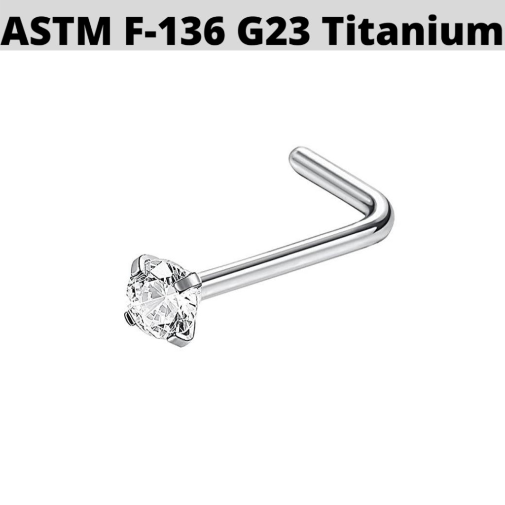 20G IMPLANT GRADE TITANIUM PRONG CZ 3MM L BEND RING NOSE STUD FISH TAIL JEWELRY