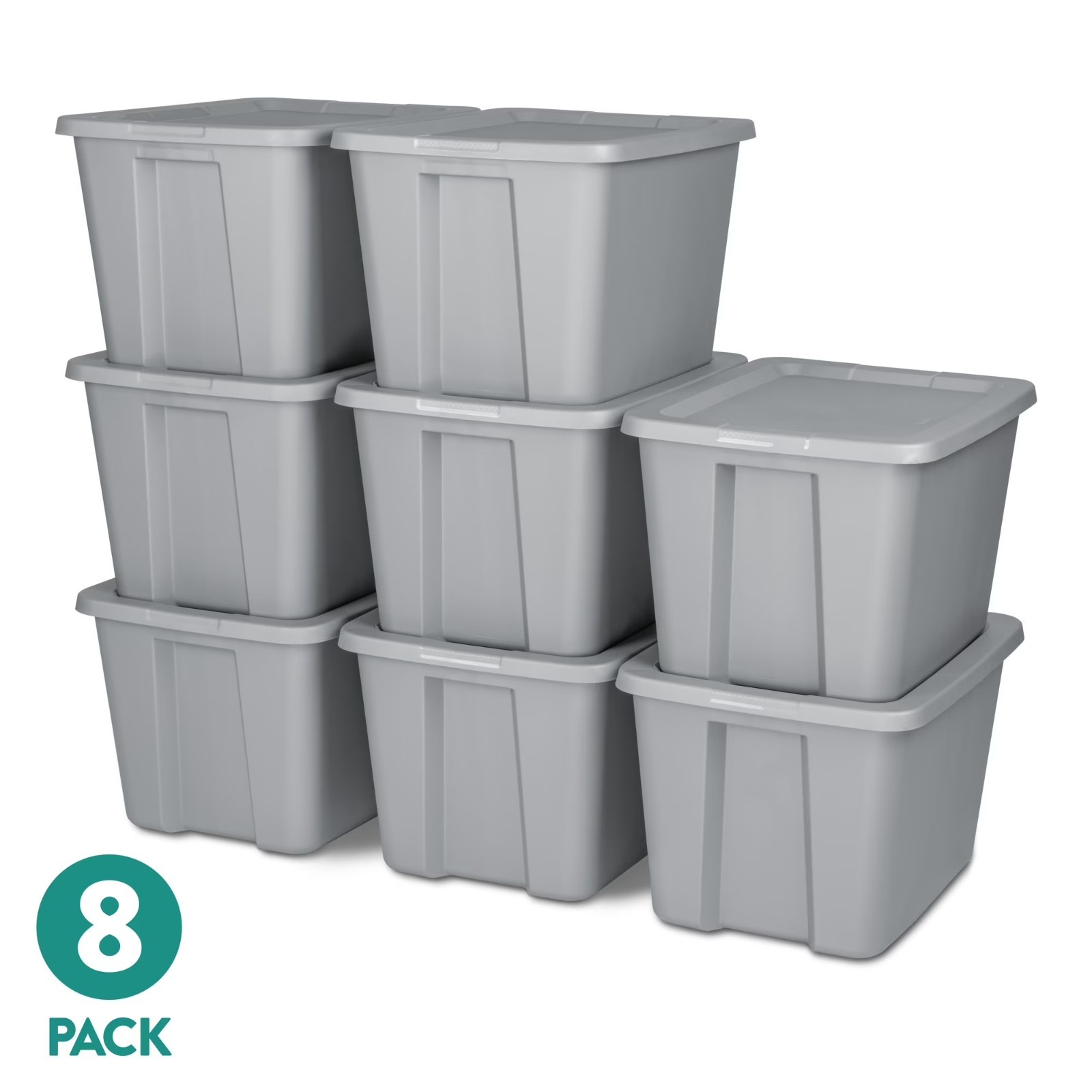 Sterilite Large Storage Bin, 18 Gallon Durable Plastic Storage Tote, Gray 8 pack