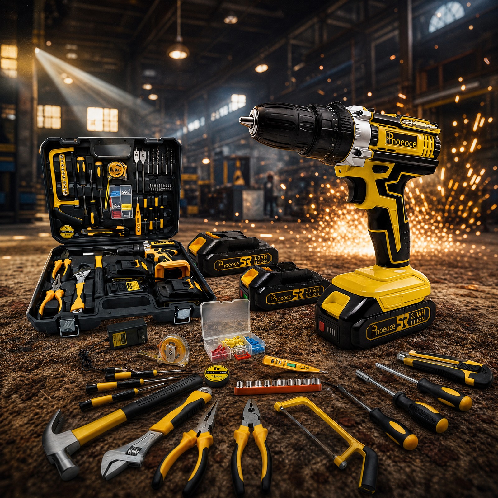 Power Drill Cordless Tool 20V 2 Speed with 2 Batteries & Charger for woodworking